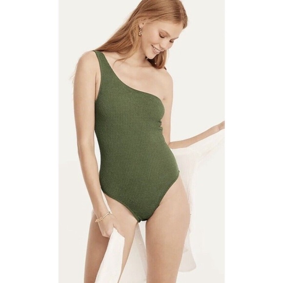 J Crew 1 Pc Swimsuit Plus Textured Jacquard 1 Shoulder Green Sz 22 (3X) NWT - Picture 2 of 7